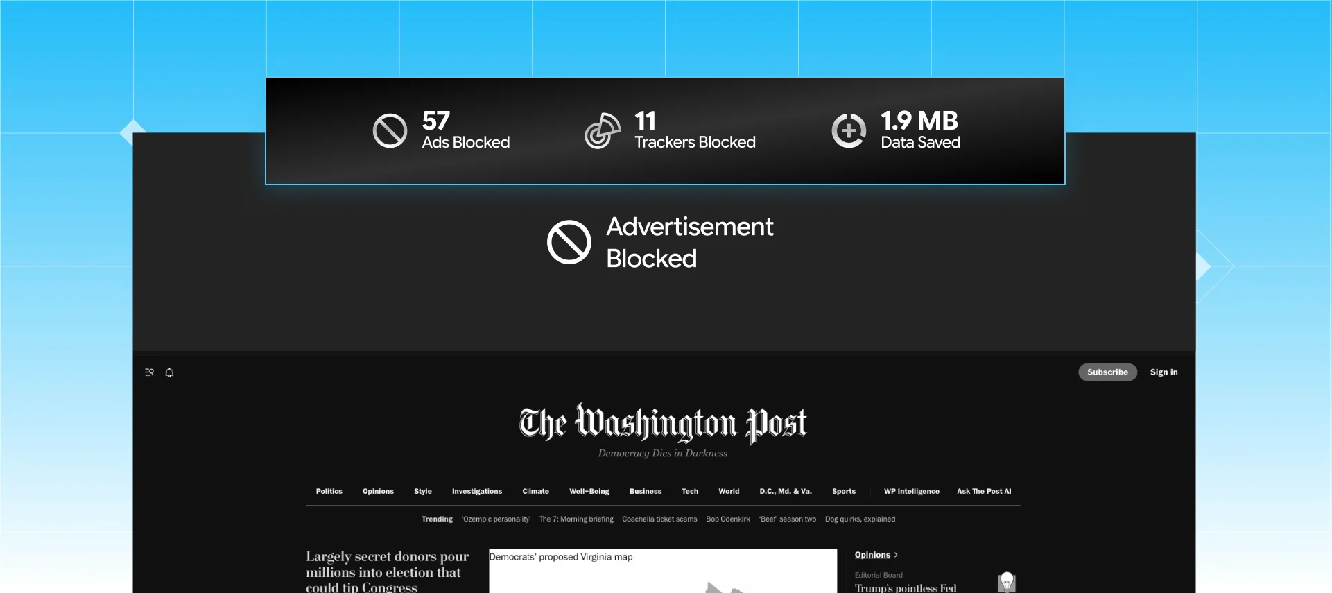 Advertisement blocked with counters for ads blocked, trackers blocked, and data saved