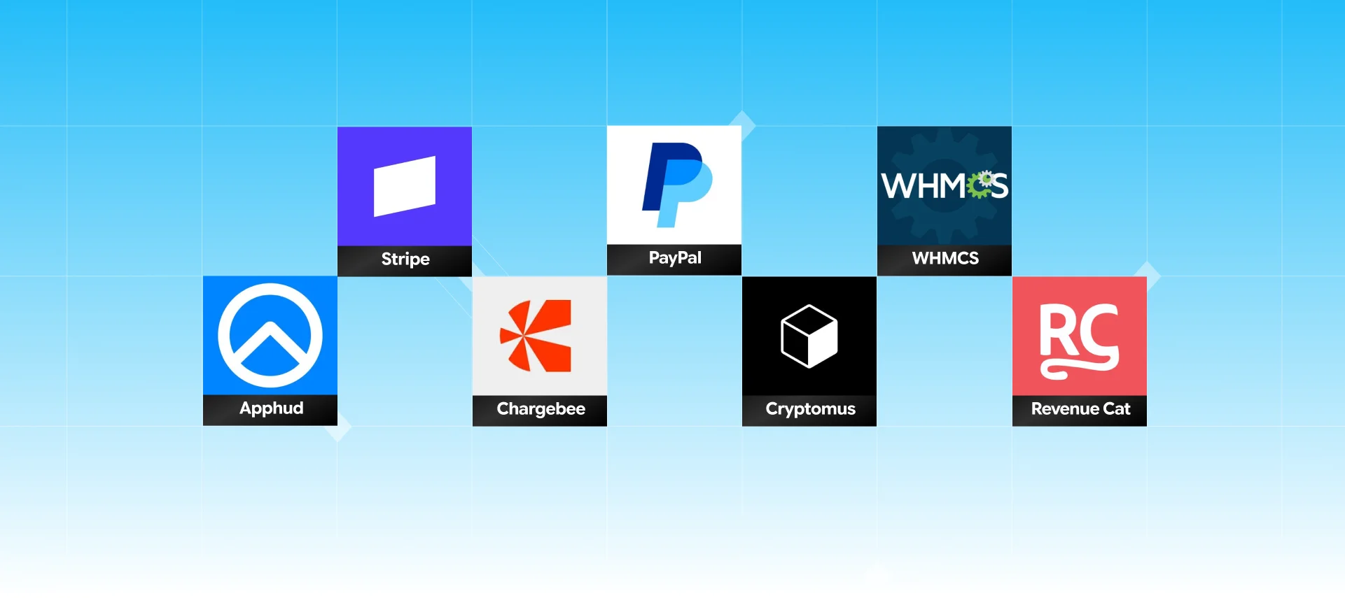 Payment integrations: Stripe, PayPal, WHMCS, Apphud, Chargebee, Cryptomus, and RevenueCat