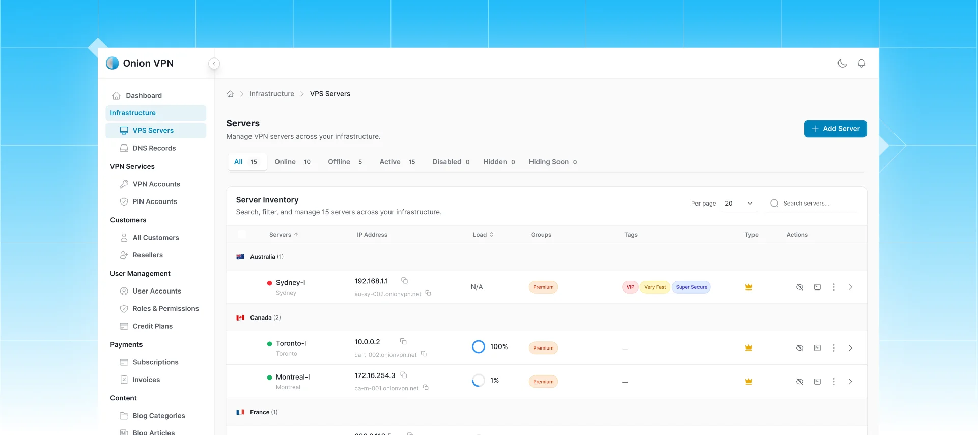 Server management panel with locations, IPs, load, groups, and tags