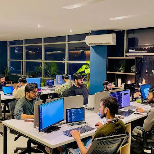 Engineering team at work in the open office