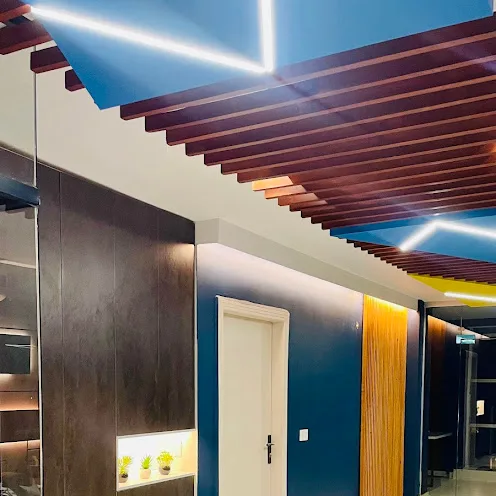 Modern office interior with custom lighting